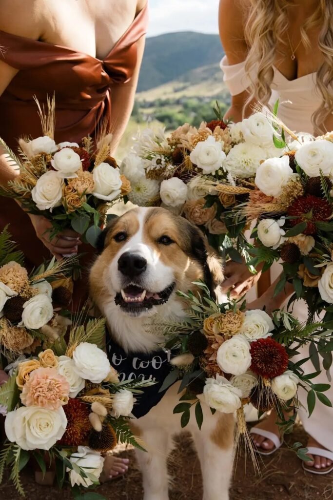 Wedding bouquets arranged beside the couple's dog