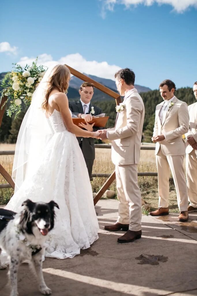 Wedding party gathered with the couple's dog